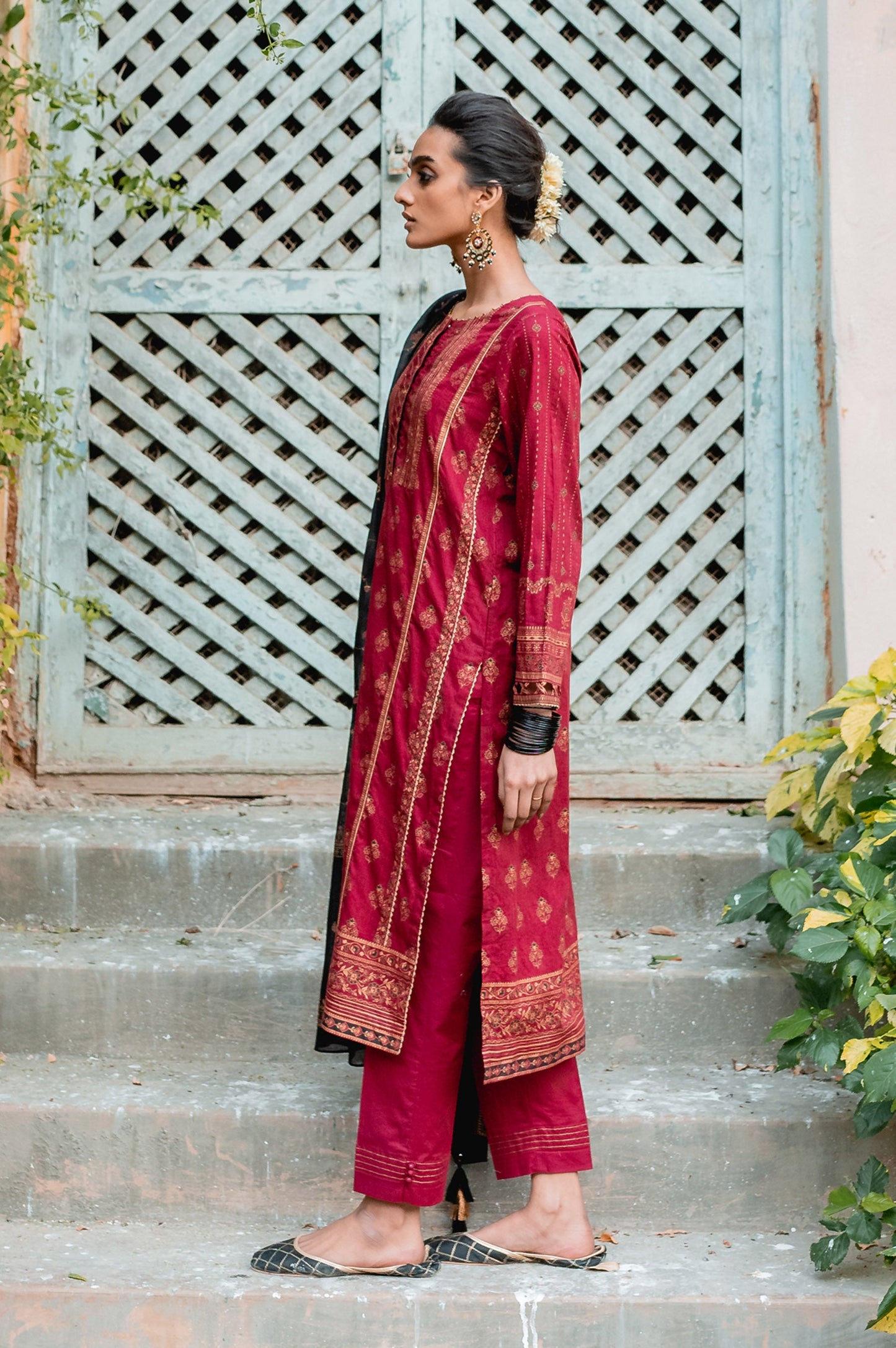 Stitched 3 Piece Gold & Colored Paste Lawn Suit