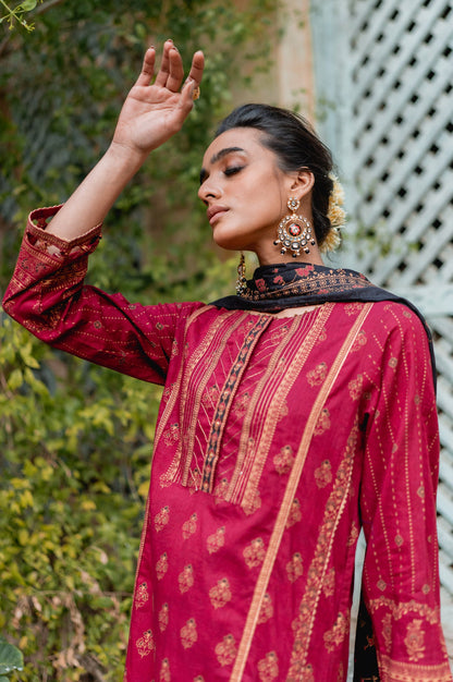Stitched 3 Piece Gold & Colored Paste Lawn Suit