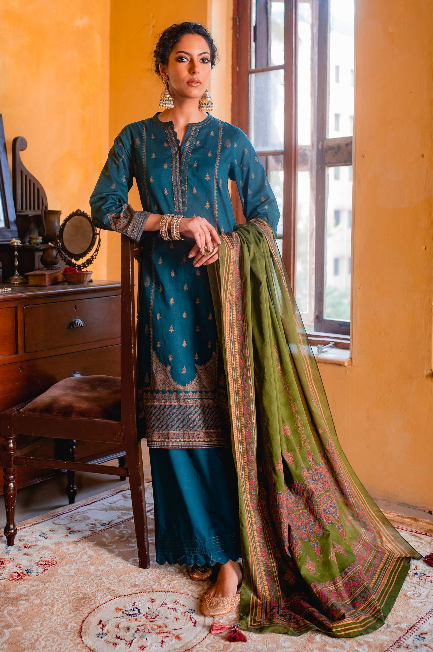 Stitched 3 Piece Gold & Colored Paste Lawn Suit