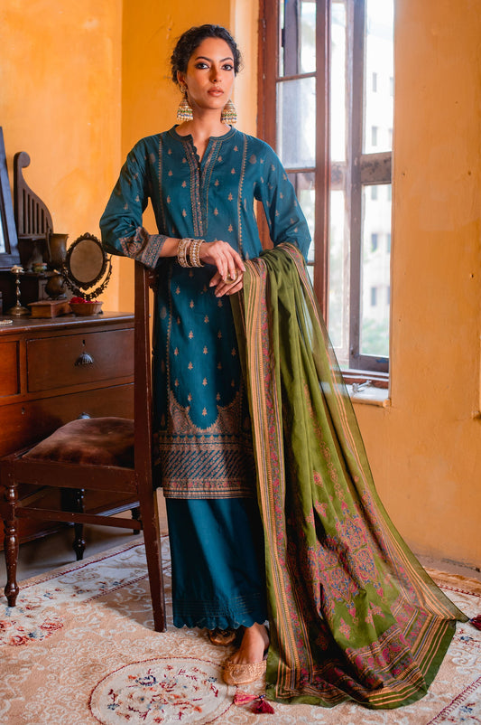 Stitched 3 Piece Gold & Colored Paste Lawn Suit