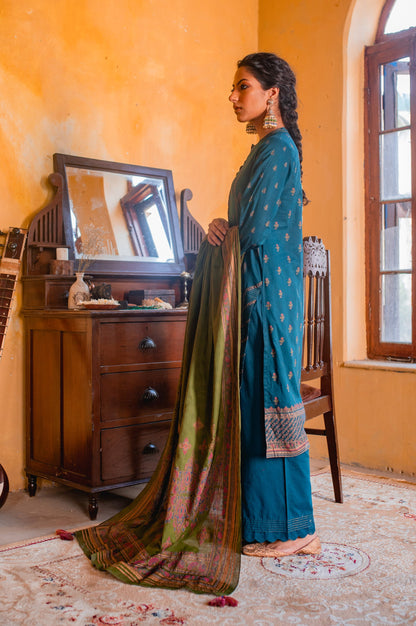 Stitched 3 Piece Gold & Colored Paste Lawn Suit