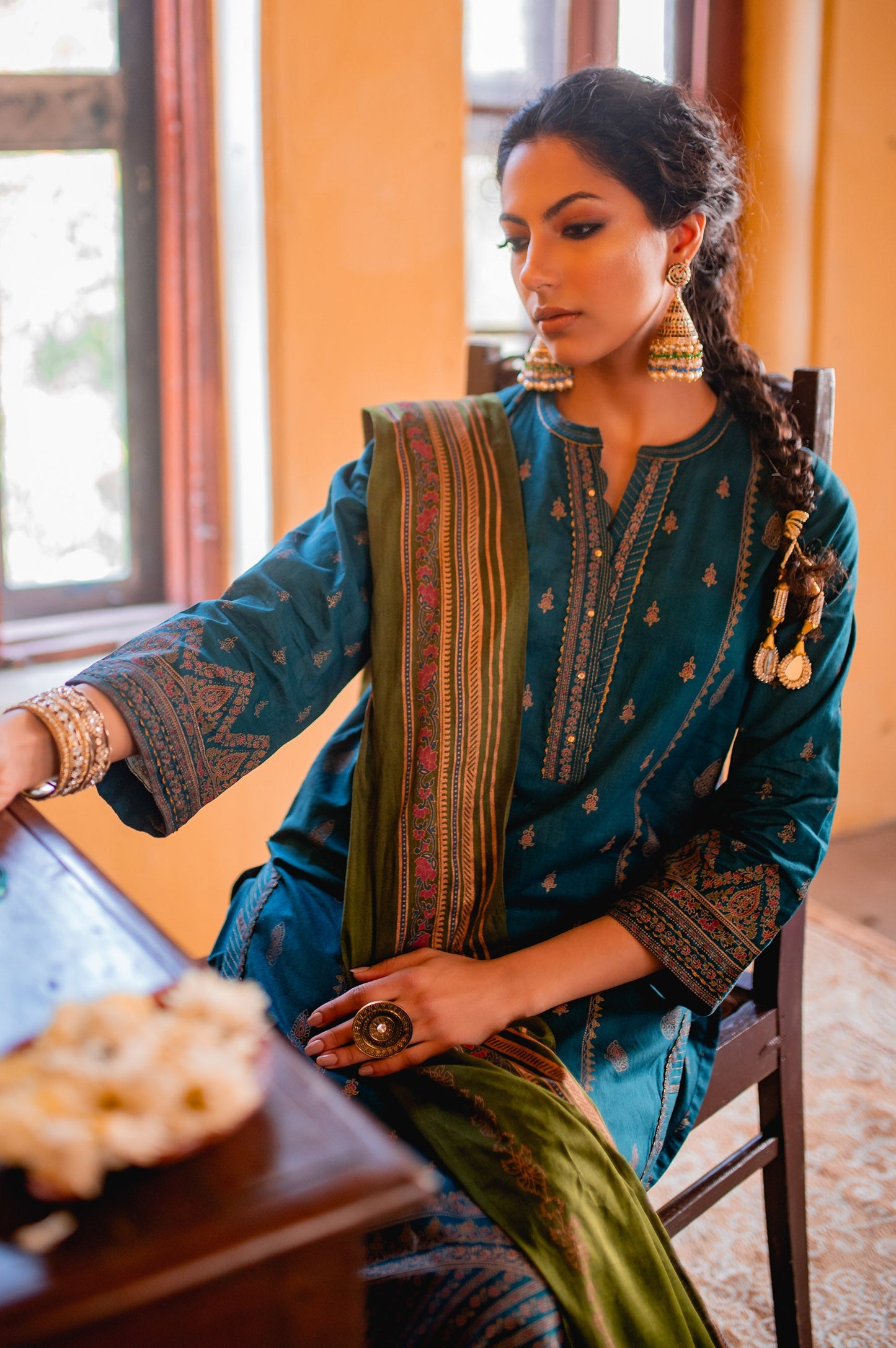 Stitched 3 Piece Gold & Colored Paste Lawn Suit