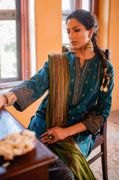 Stitched 3 Piece Gold & Colored Paste Lawn Suit