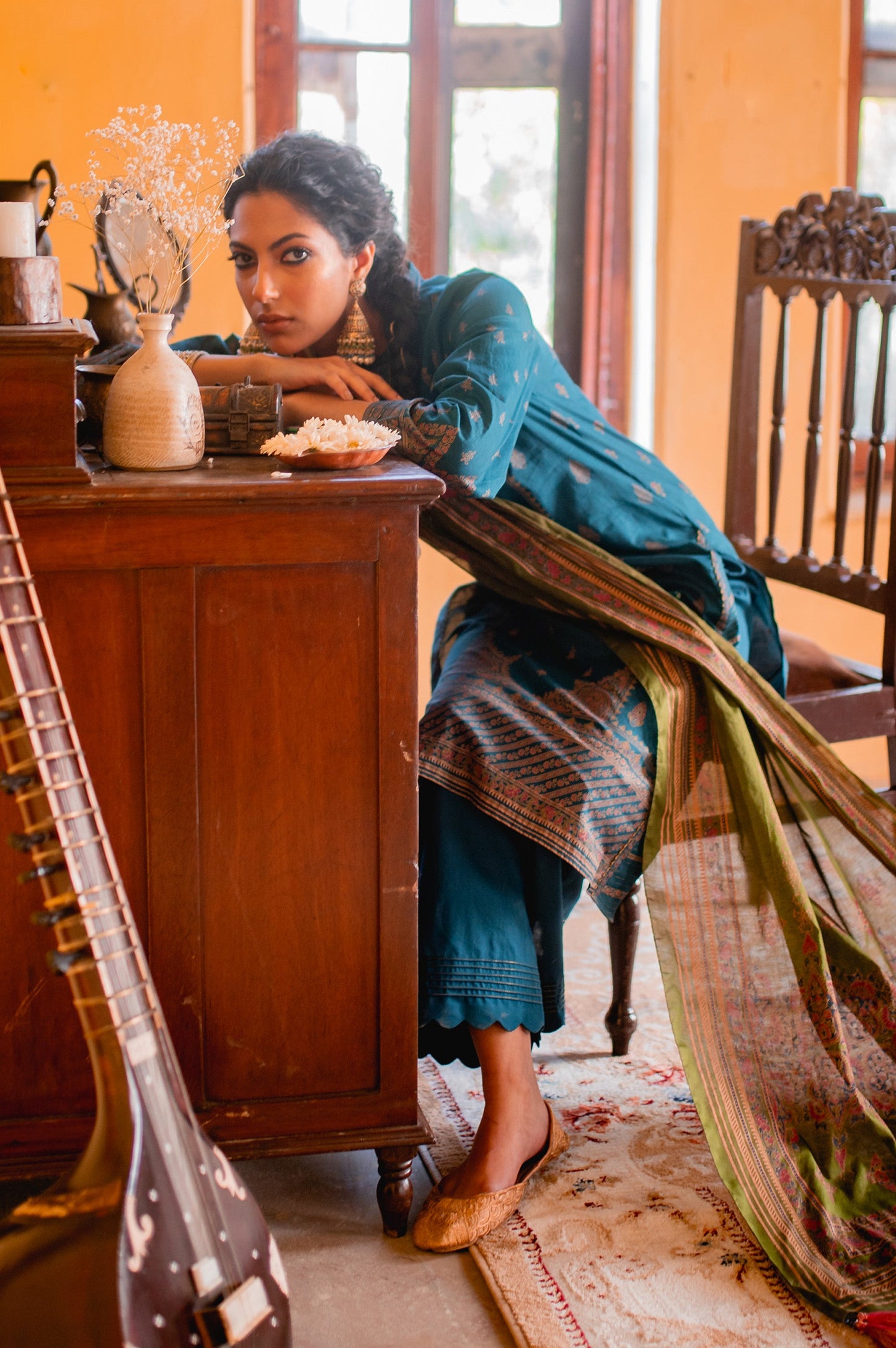 Stitched 3 Piece Gold & Colored Paste Lawn Suit