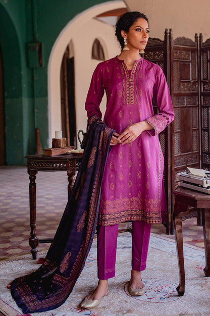 Stitched 3 Piece Gold & Colored Paste Lawn Suit