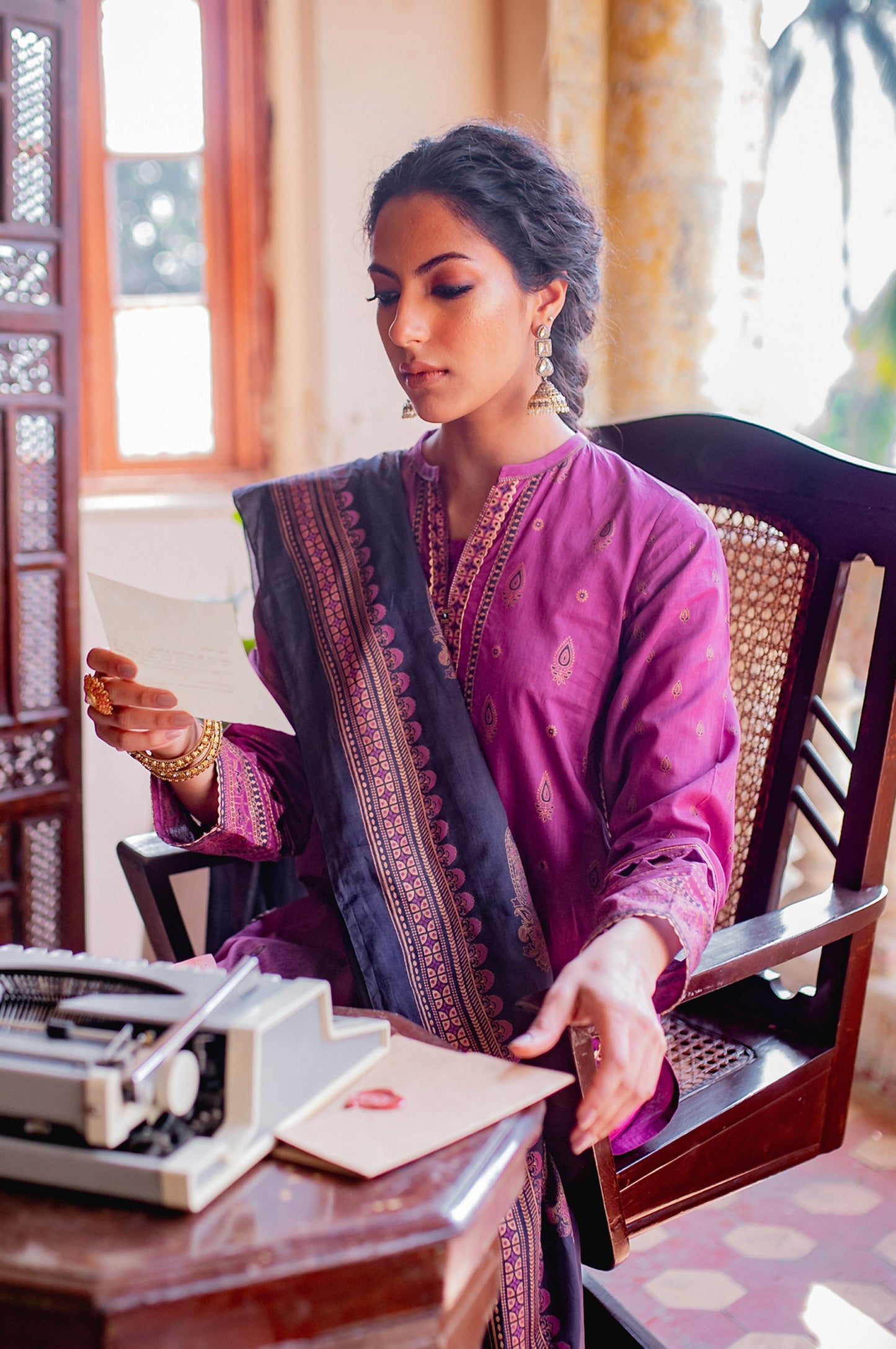 Stitched 3 Piece Gold & Colored Paste Lawn Suit