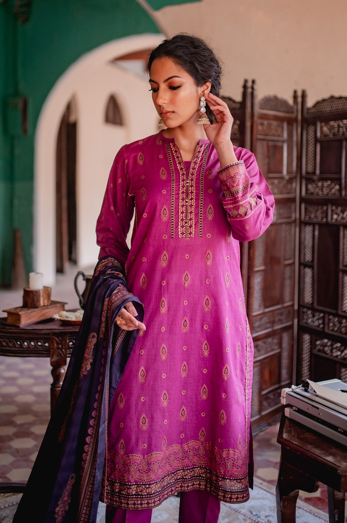 Stitched 3 Piece Gold & Colored Paste Lawn Suit