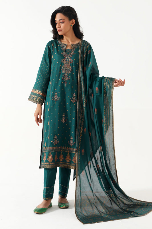 Unstitched 3 Piece Gold & Colored Paste Lawn Suit