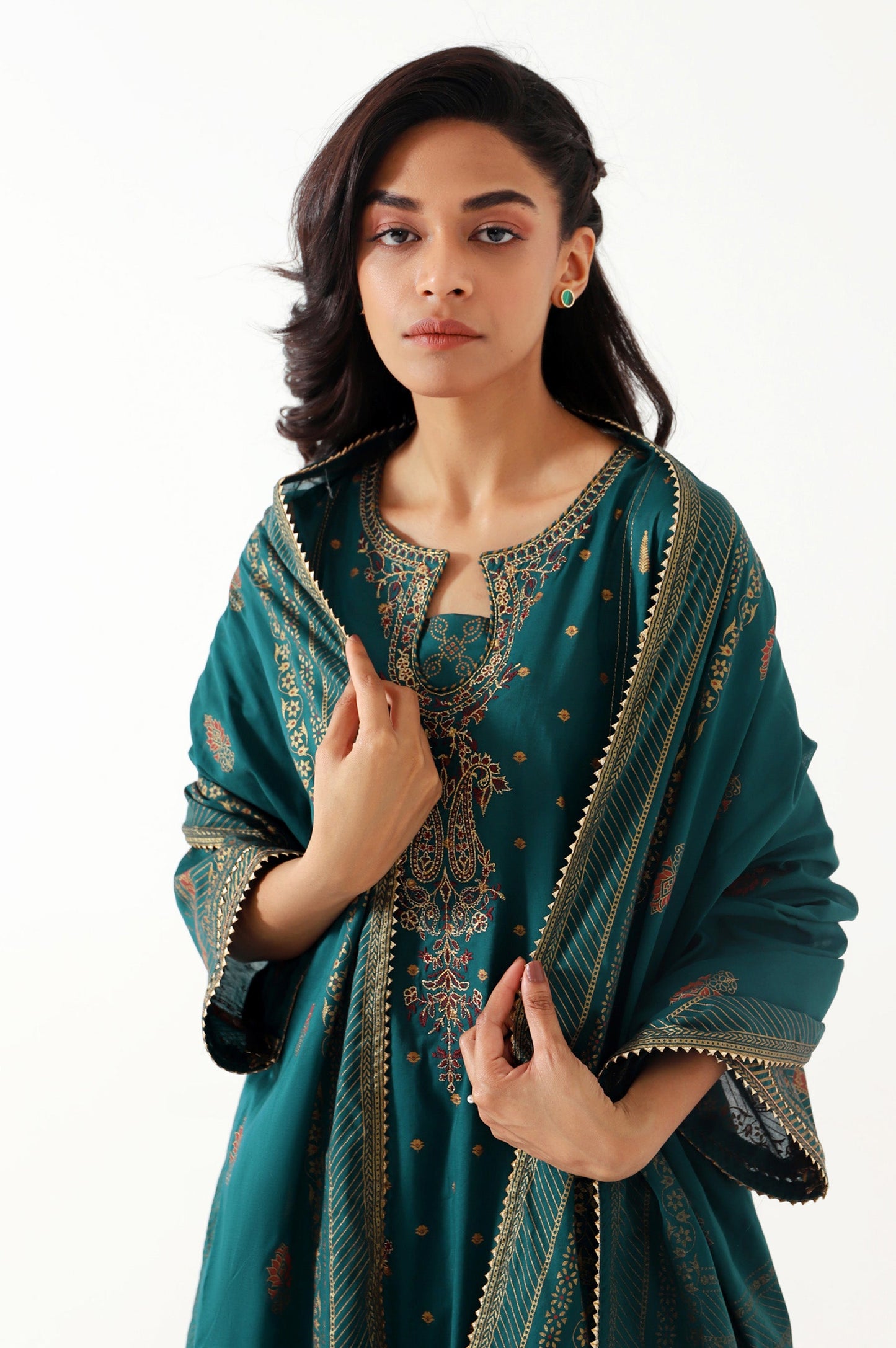 Stitched 3 Piece Gold & Colored Paste Lawn Suit