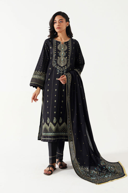 Unstitched 3 Piece Gold & Colored Paste Lawn Suit