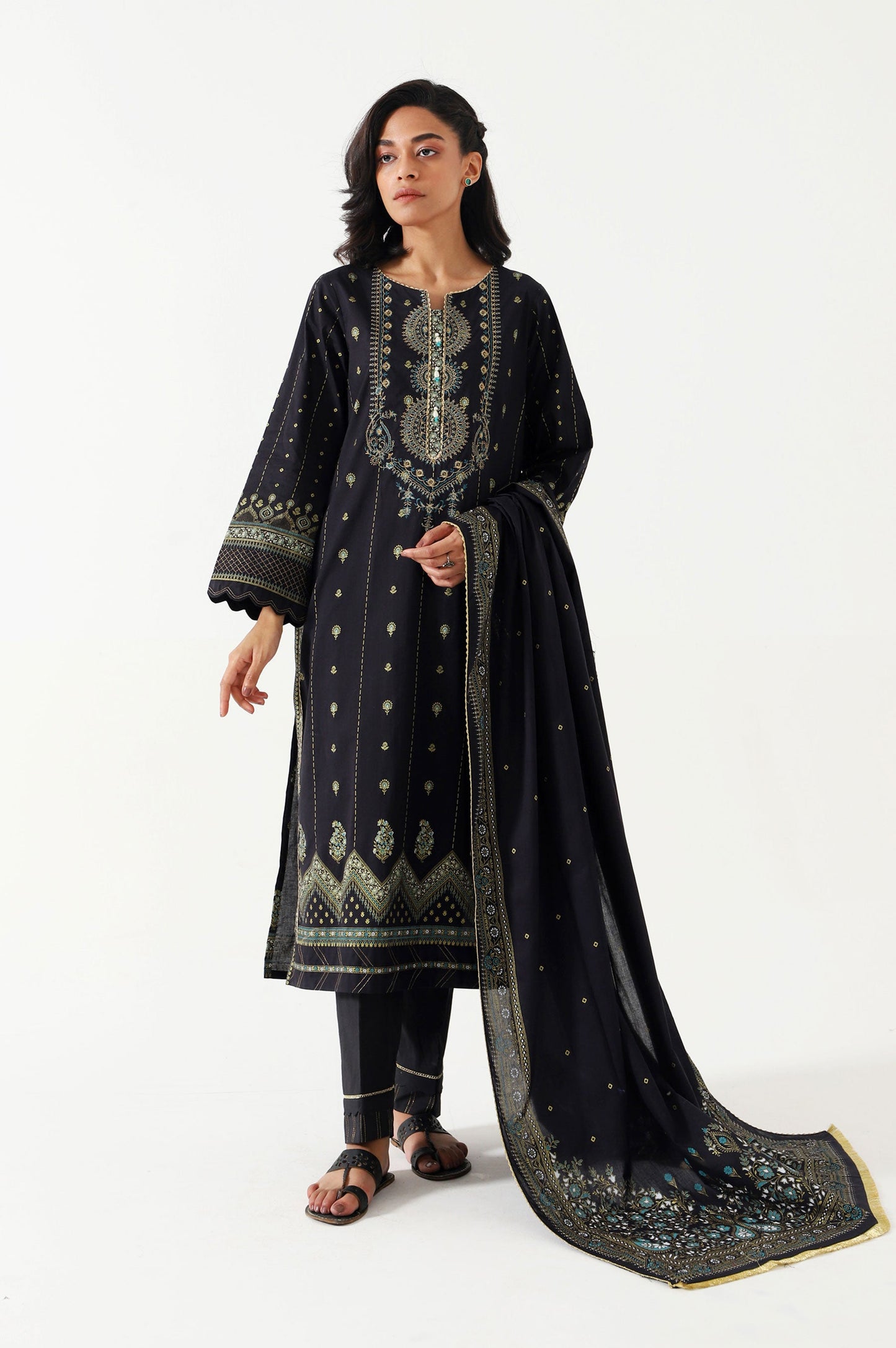 Stitched 3 Piece Gold & Colored Paste Lawn Suit