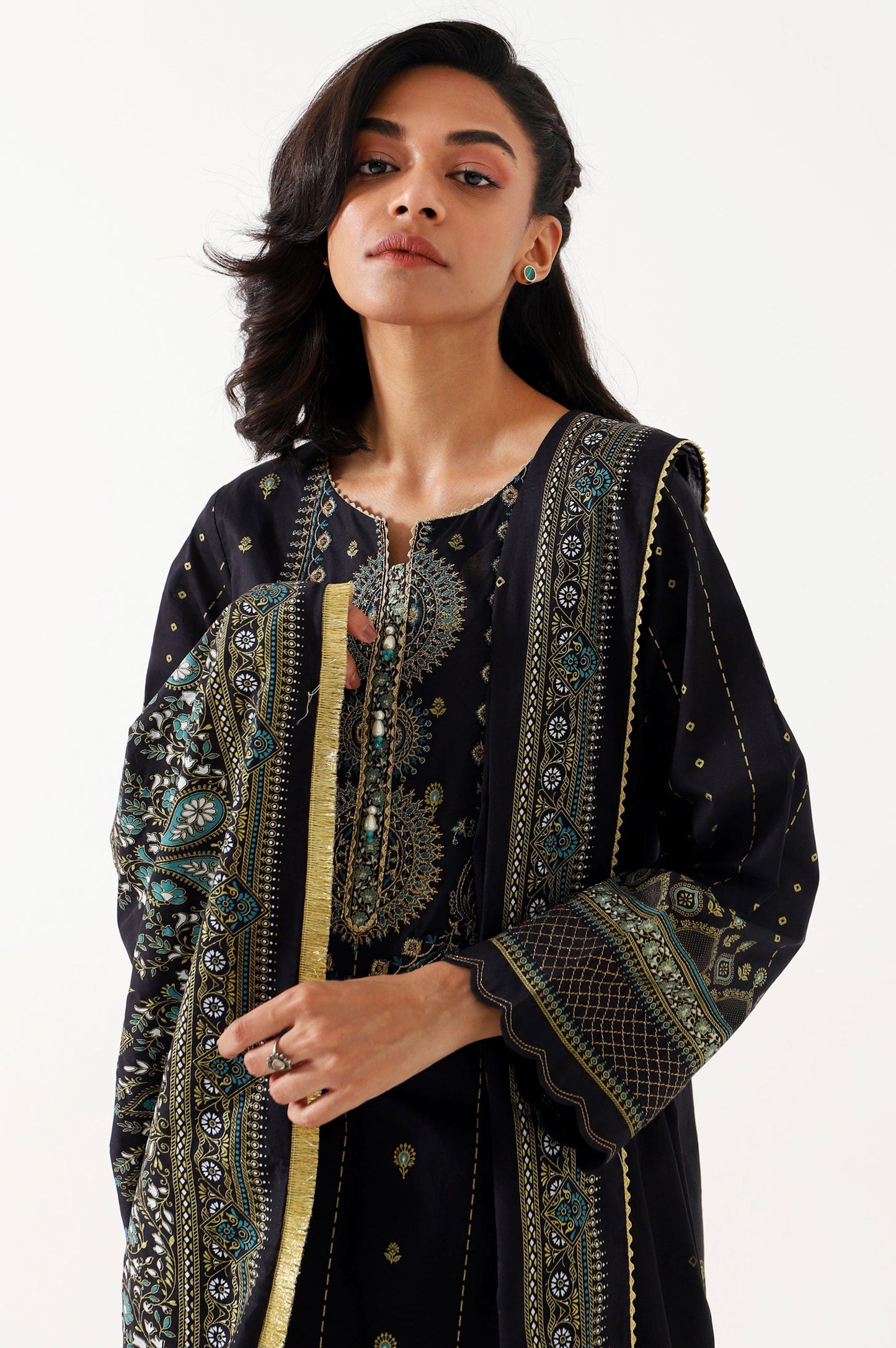 Stitched 3 Piece Gold & Colored Paste Lawn Suit