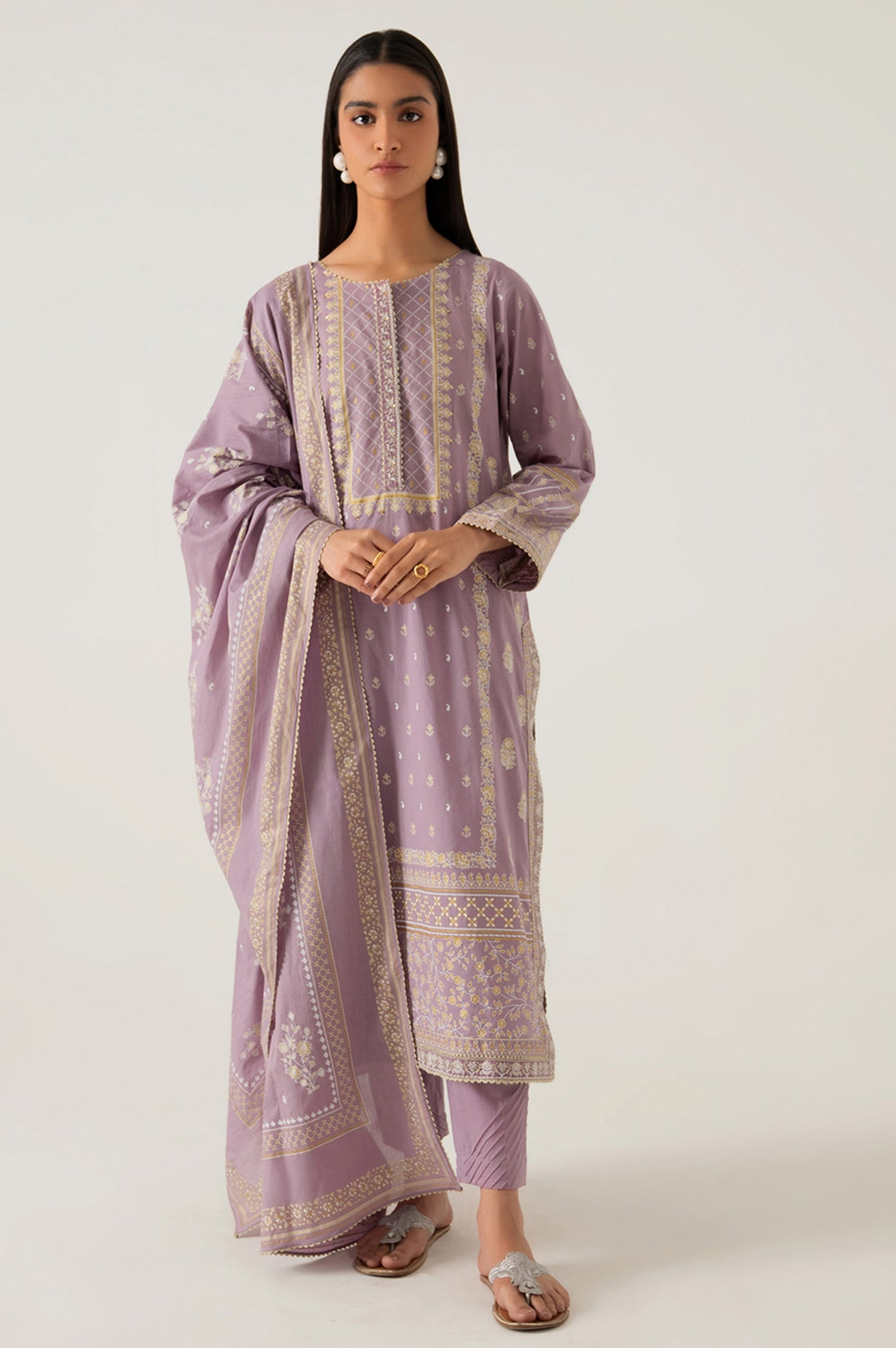 Stitched 3 Piece Gold & Colored Paste Lawn Suit
