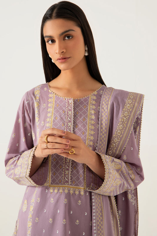 Unstitched 3 Piece Gold & Colored Paste Lawn Suit