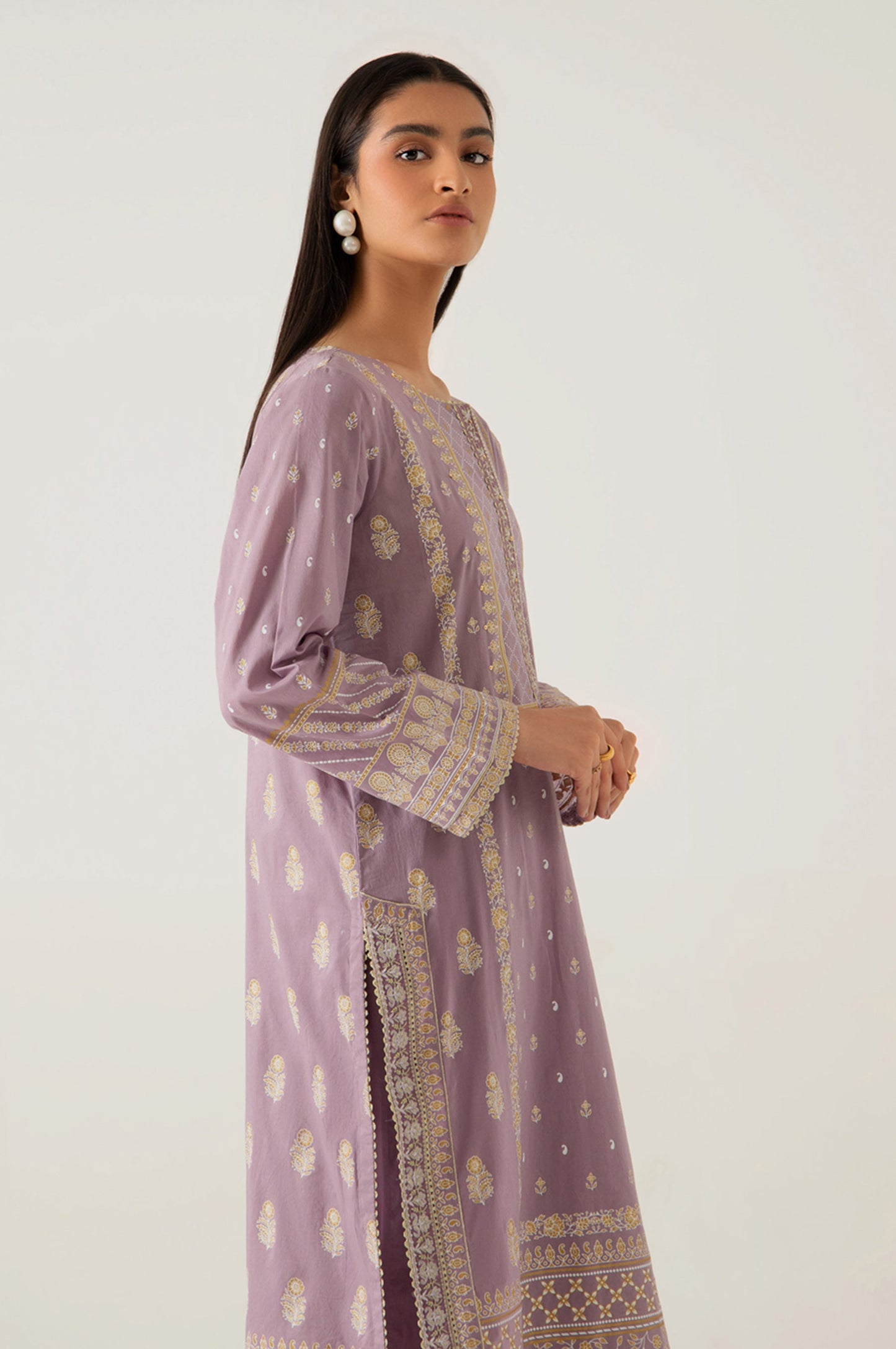 Stitched 3 Piece Gold & Colored Paste Lawn Suit