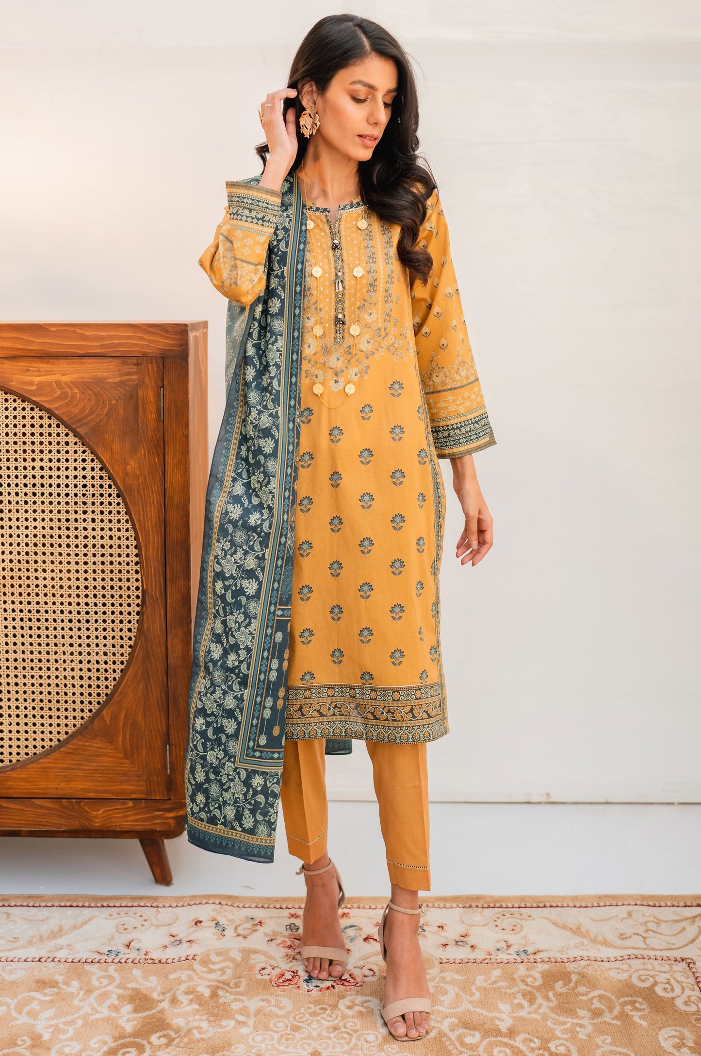 Stitched 3 Piece Printed Lawn with Cotton Net Suit