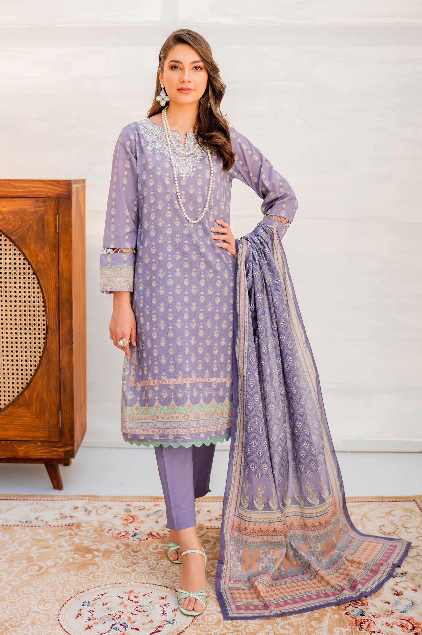 Stitched 3 Piece Embroidered Lawn with Cotton Net Suit