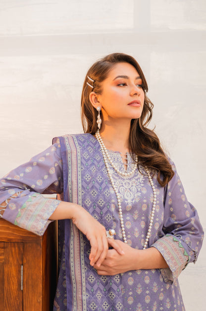 Stitched 3 Piece Embroidered Lawn with Cotton Net Suit