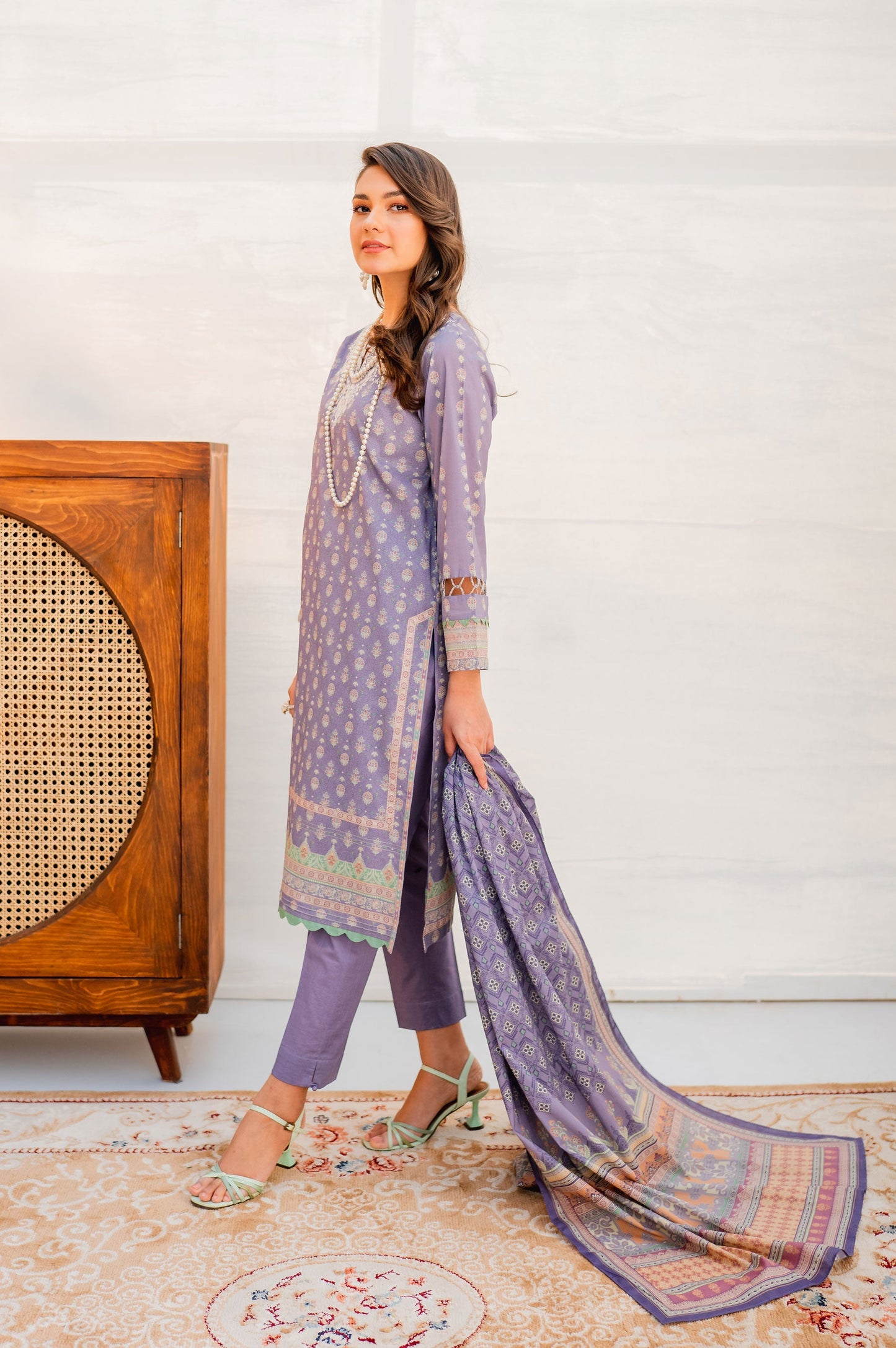 Stitched 3 Piece Embroidered Lawn with Cotton Net Suit
