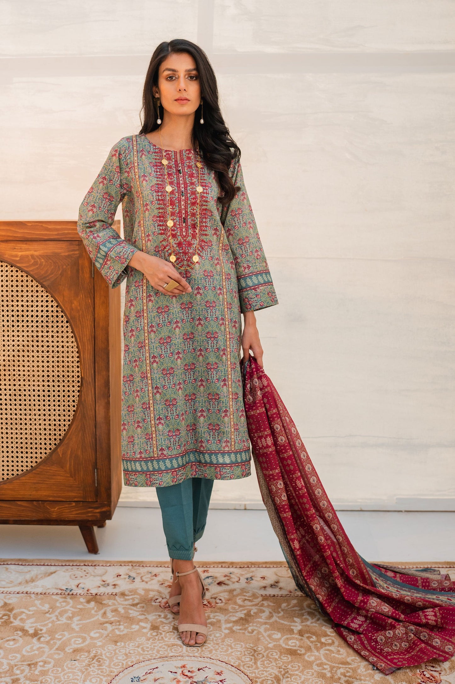 Stitched 3 Piece Embroidered Lawn with Cotton Net Suit