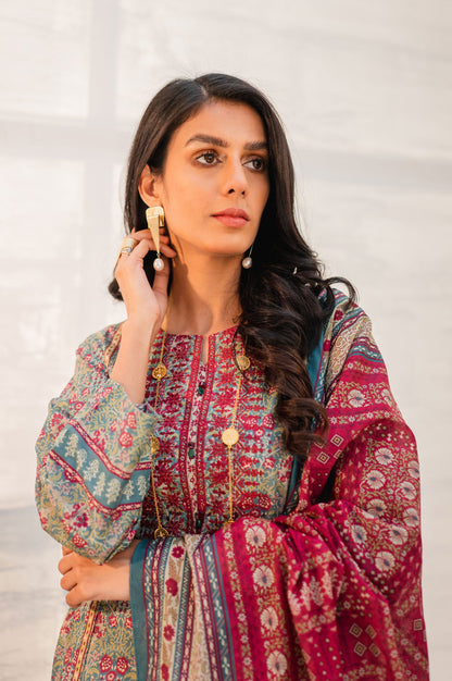 Stitched 3 Piece Embroidered Lawn with Cotton Net Suit