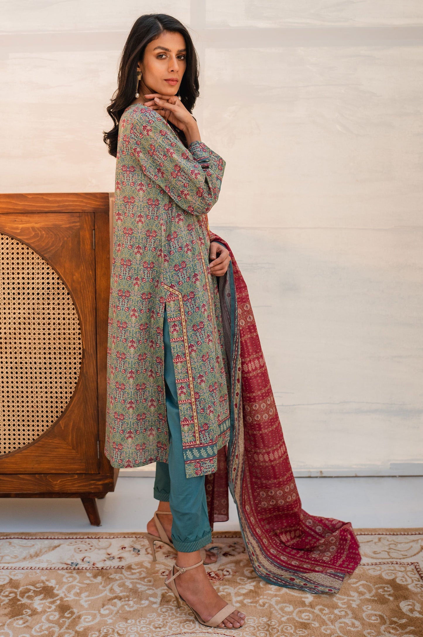 Stitched 3 Piece Embroidered Lawn with Cotton Net Suit