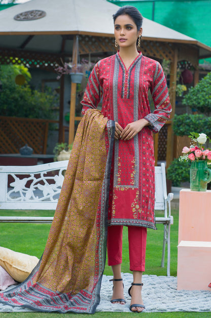 Stitched 3 Piece Printed Slub Lawn Suit