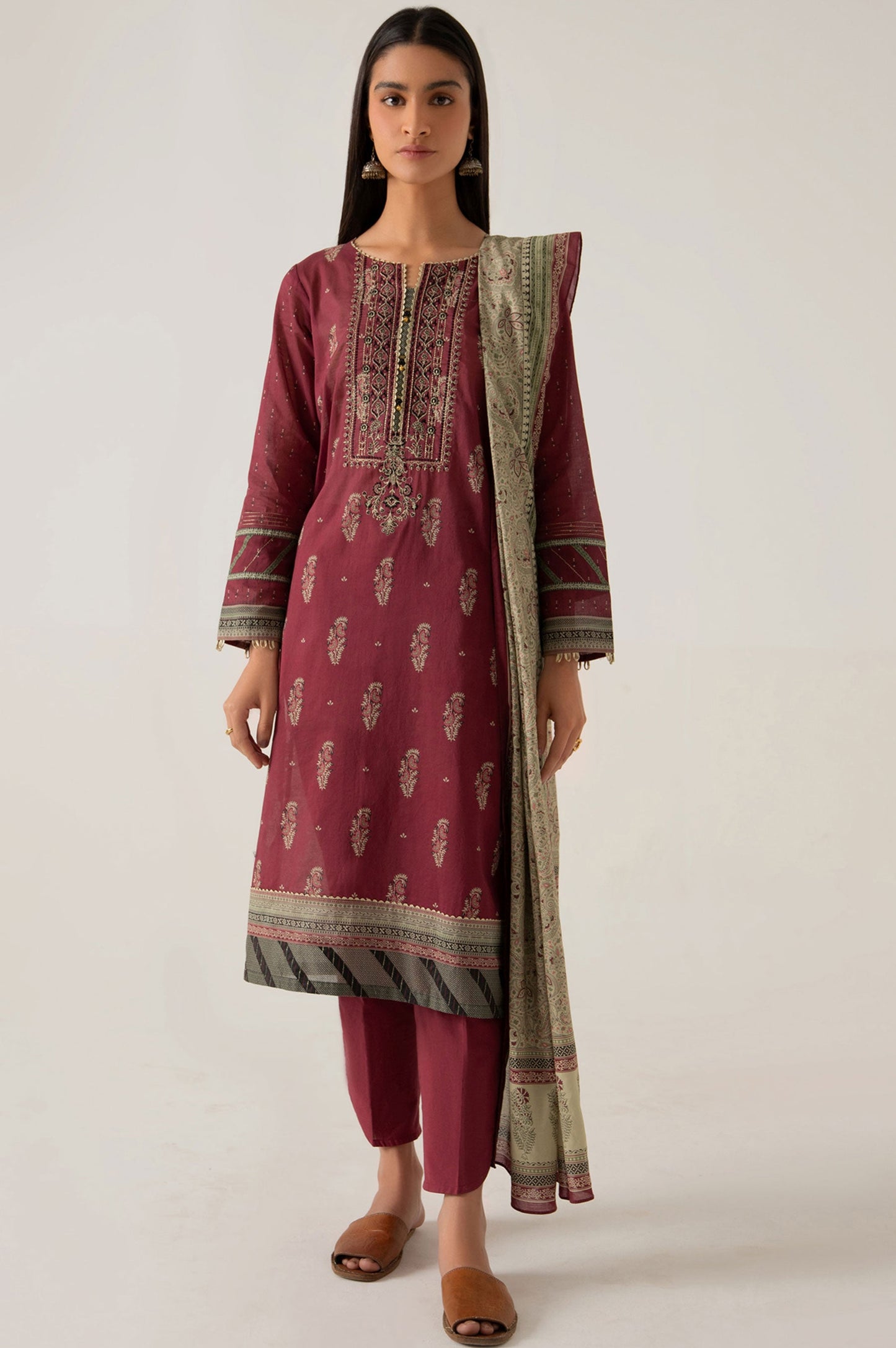 Stitched 3 Piece Embroidered Slub Lawn Suit