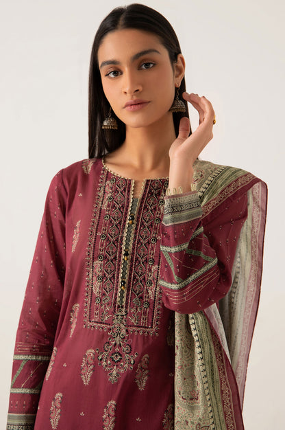 Stitched 3 Piece Embroidered Slub Lawn Suit