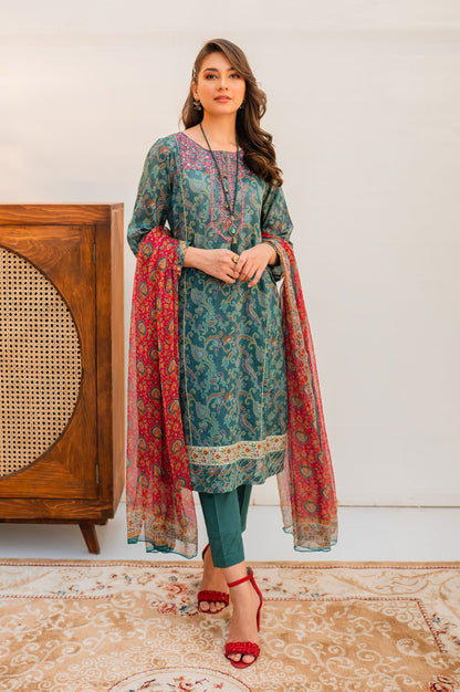 Stitched 3 Piece Embroidered Lawn with Chiffon Suit