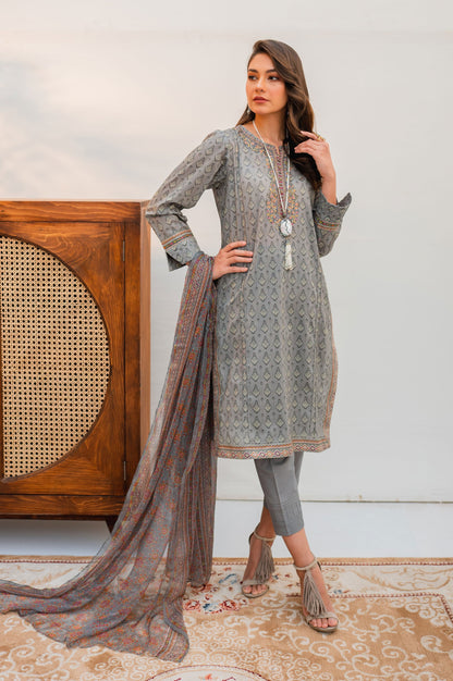 Stitched 3 Piece Embroidered Lawn with Chiffon Suit