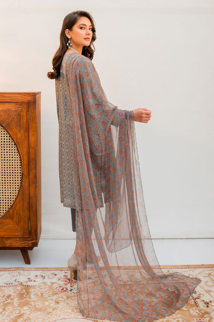 Stitched 3 Piece Embroidered Lawn with Chiffon Suit