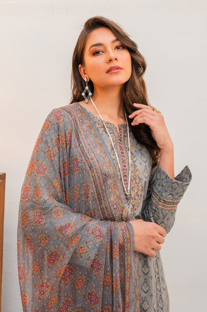 Stitched 3 Piece Embroidered Lawn with Chiffon Suit