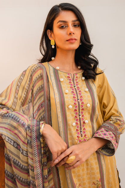 Stitched 3 Piece Embroidered Lawn with Chiffon Suit