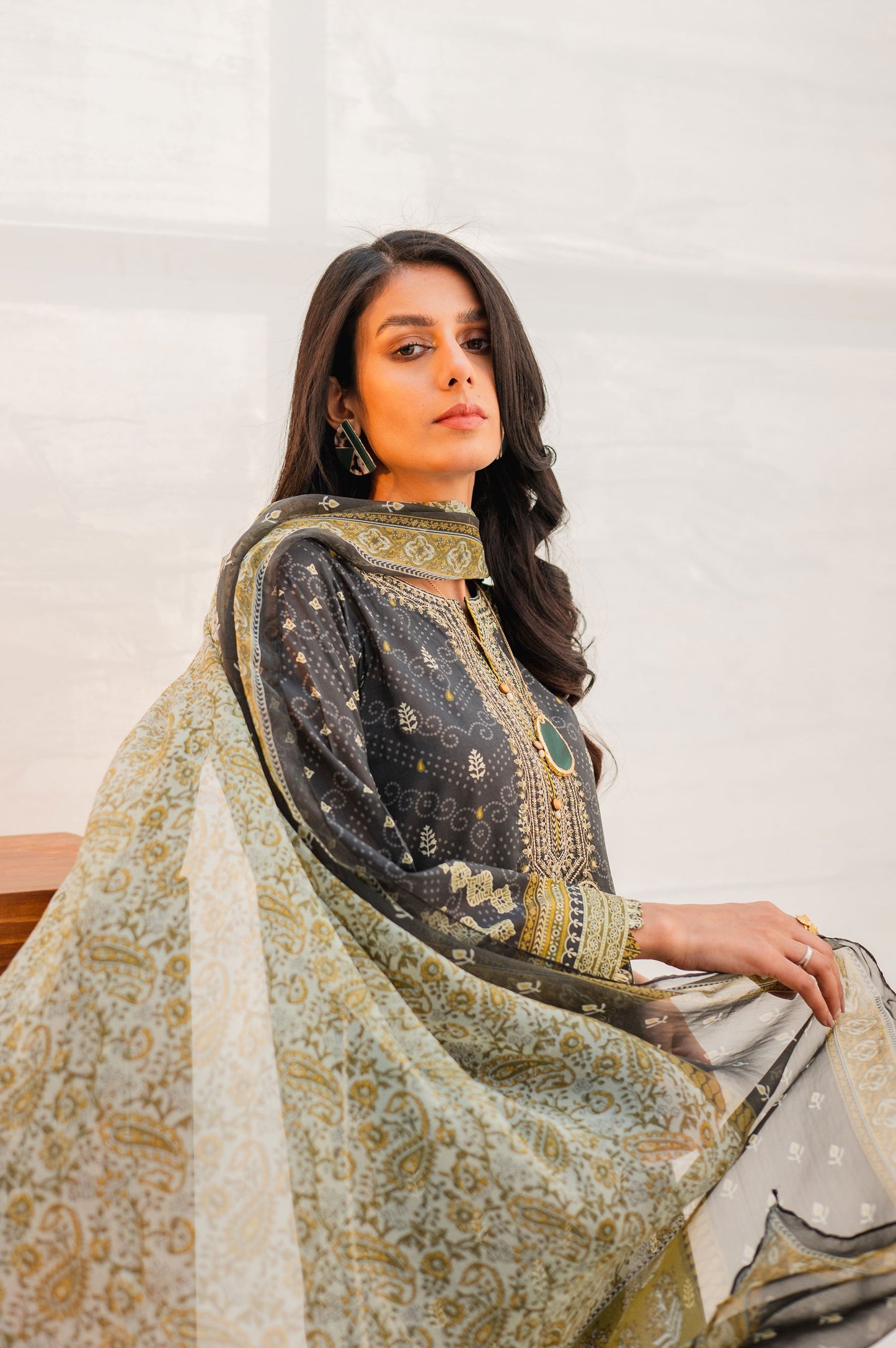 Stitched 3 Piece Embroidered Lawn with Chiffon Suit