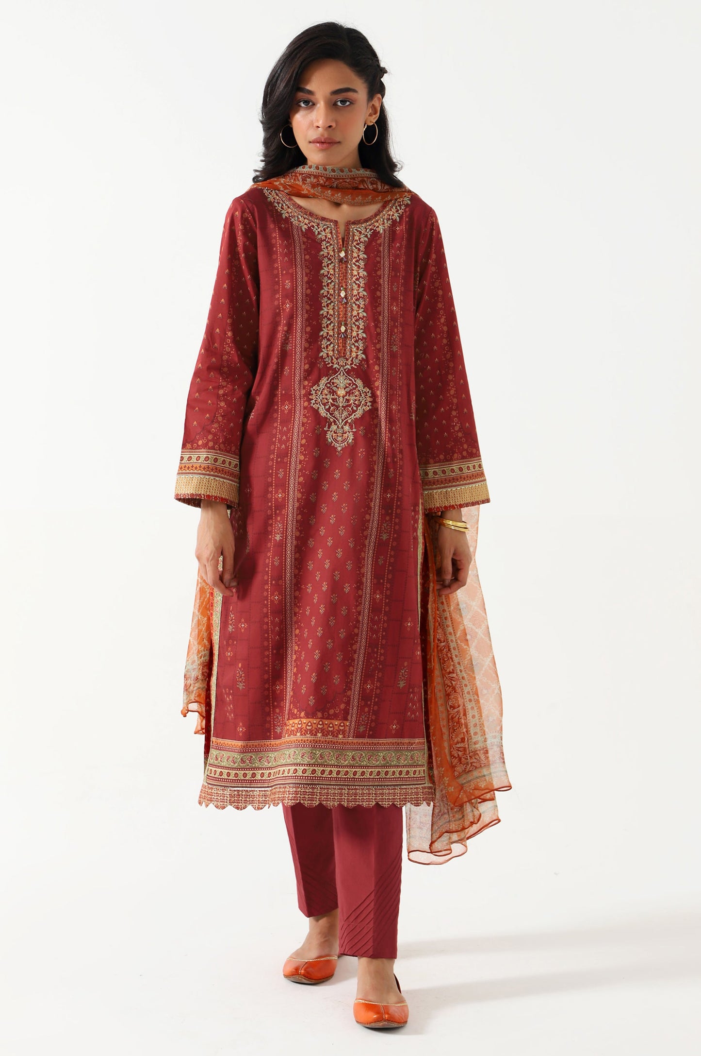 Stitched 3 Piece Embroidered Lawn with Chiffon Suit