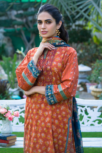 Stitched 3 Piece Embroidered Lawn with Slub Organza Suit