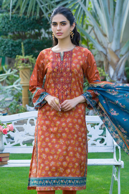 Stitched 3 Piece Embroidered Lawn with Slub Organza Suit