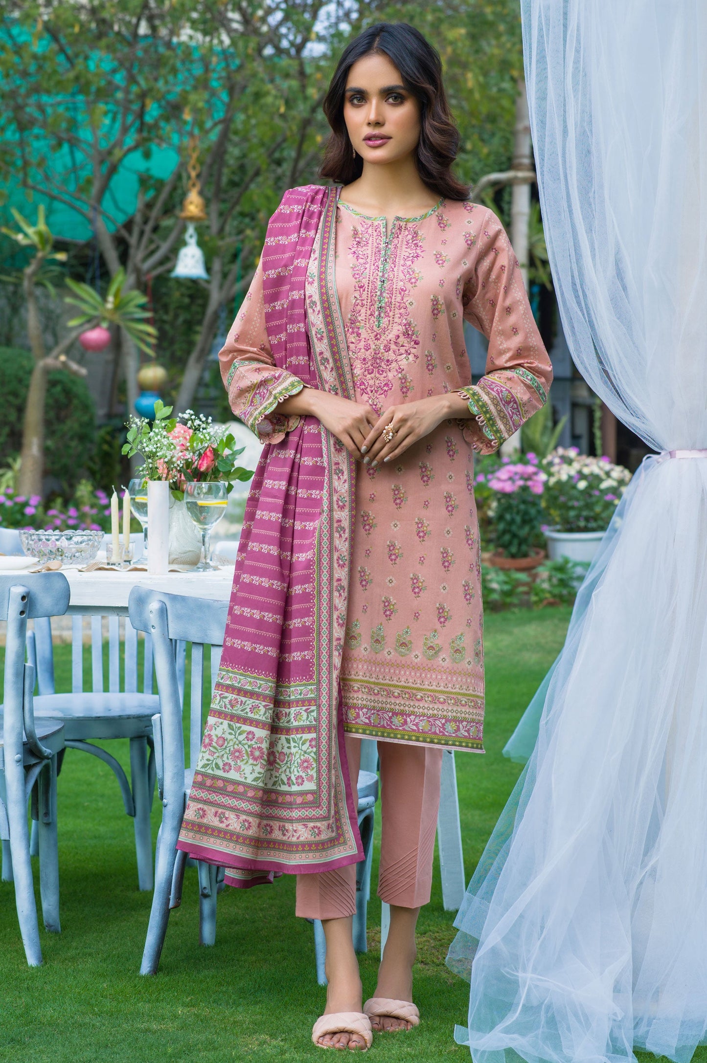 Stitched 3 Piece Embroidered Slub Lawn with Voile Slub Suit