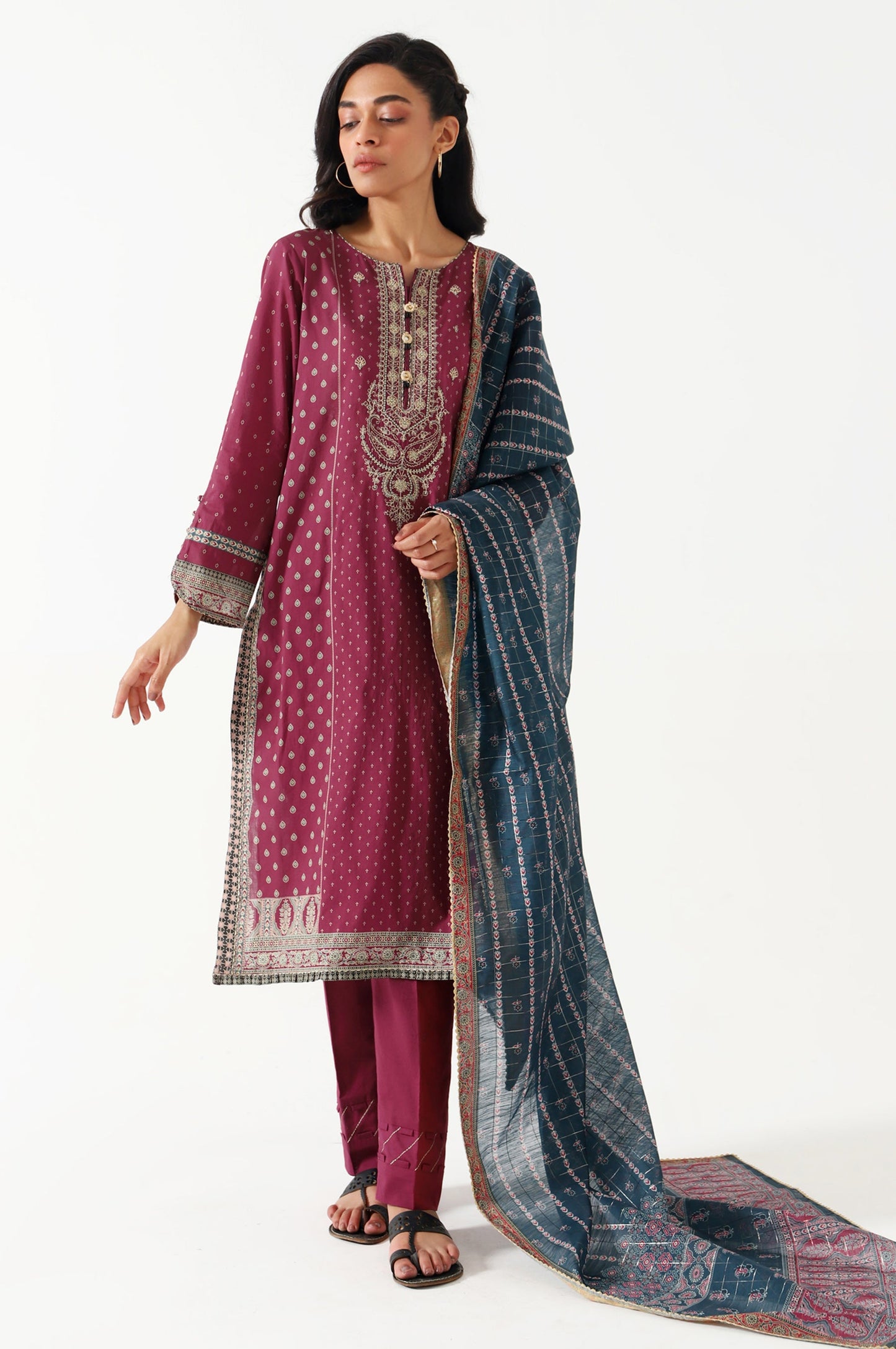 Stitched 3 Piece Embroidered Lawn with Checkered Organza Suit