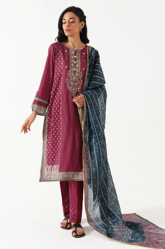 Stitched 3 Piece Embroidered Lawn with Checkered Organza Suit