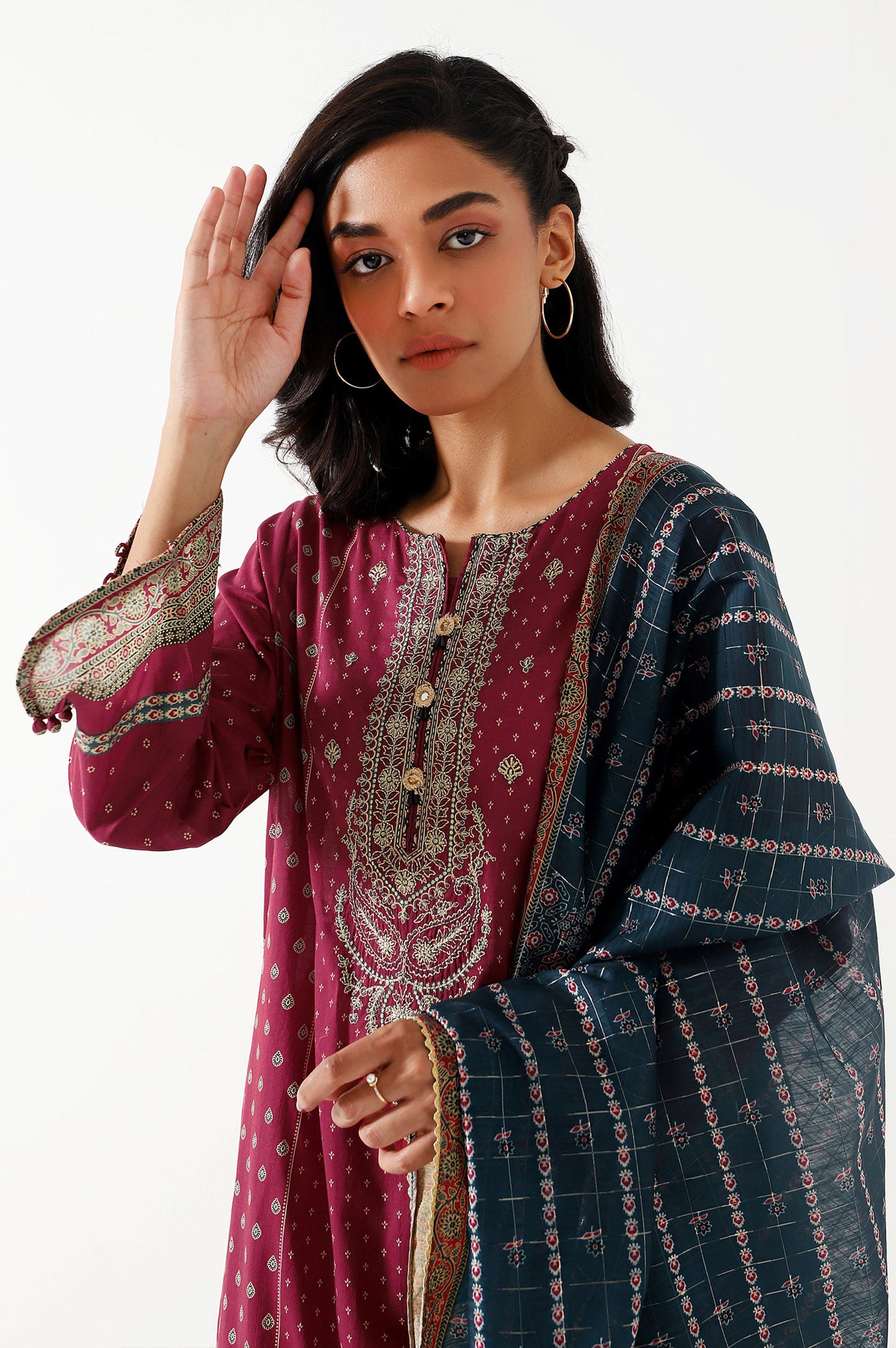 Stitched 3 Piece Embroidered Lawn with Checkered Organza Suit