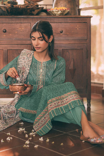 Stitched 3 Piece Embroidered Lawn with Zari Organza Suit