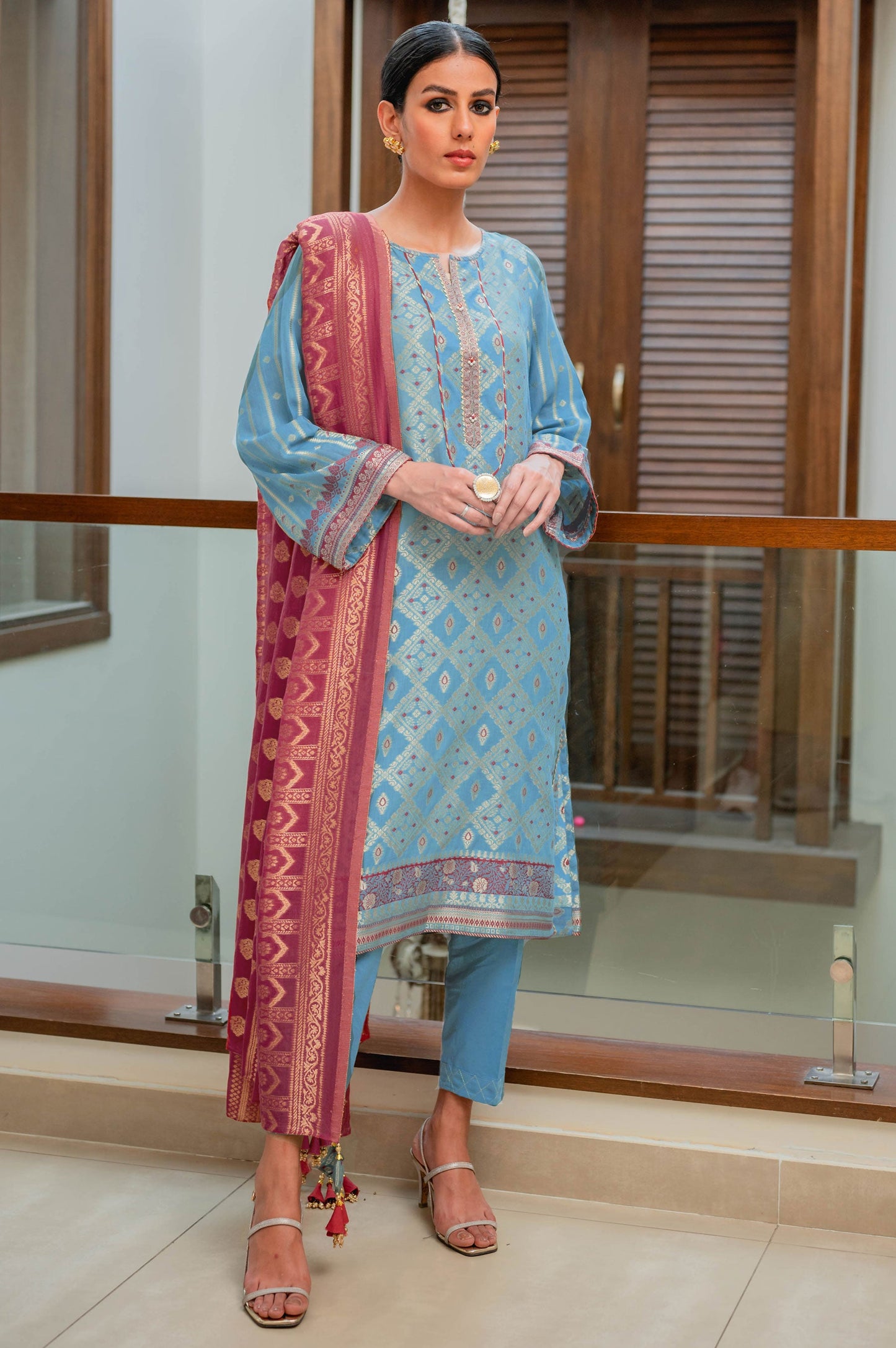 Unstitched 3 Piece Dyed Jacquard Suit