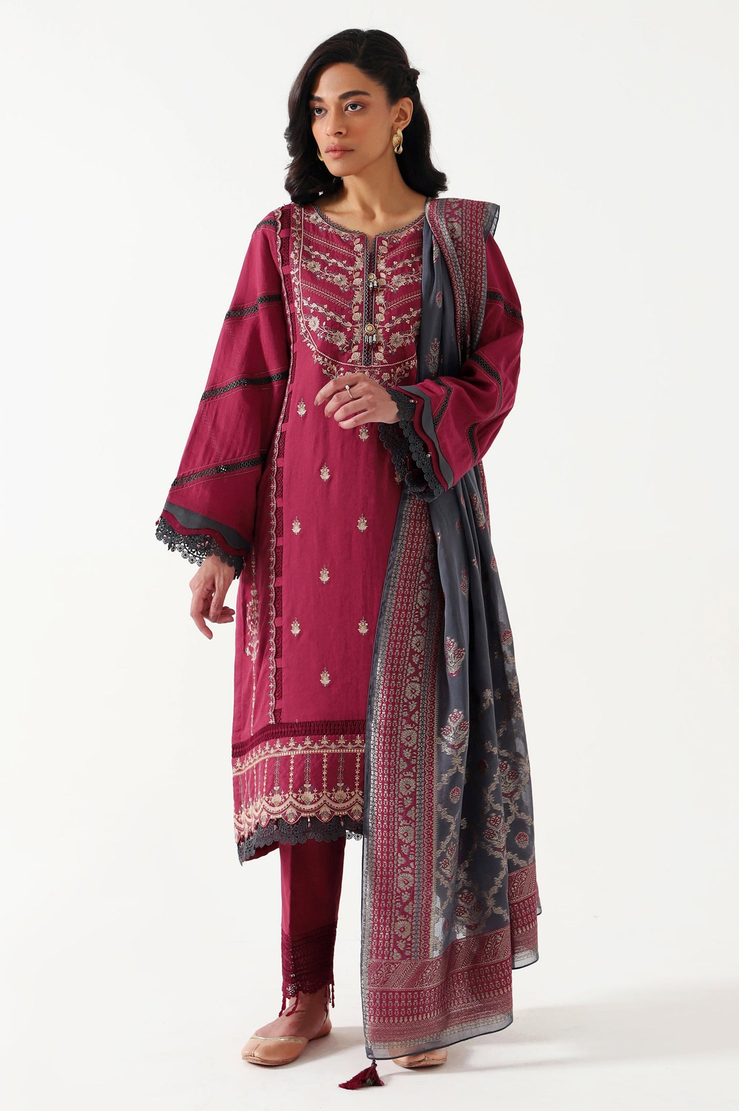Unstitched 3 Piece Dyed Satin Jacquard Suit