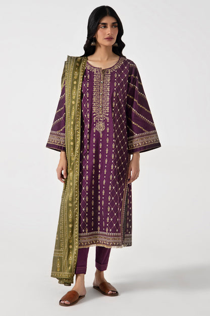 Stitched 3 Piece Gold & Colored Paste Lawn Suit