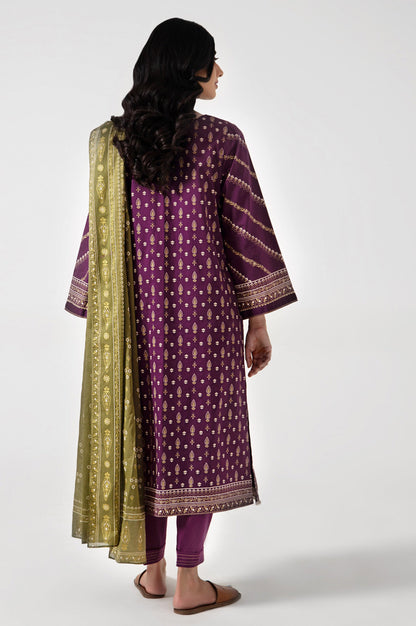 Stitched 3 Piece Gold & Colored Paste Lawn Suit