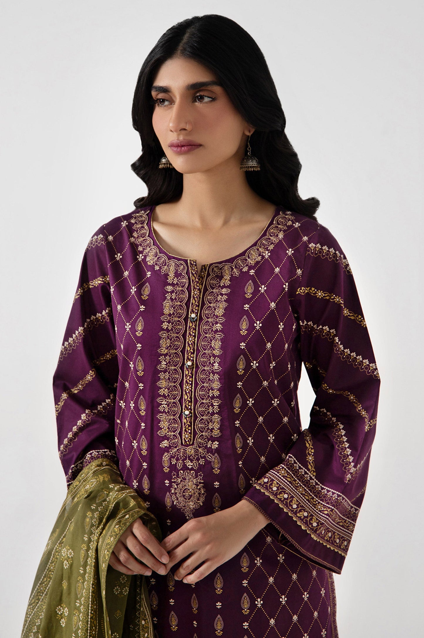 Stitched 3 Piece Gold & Colored Paste Lawn Suit