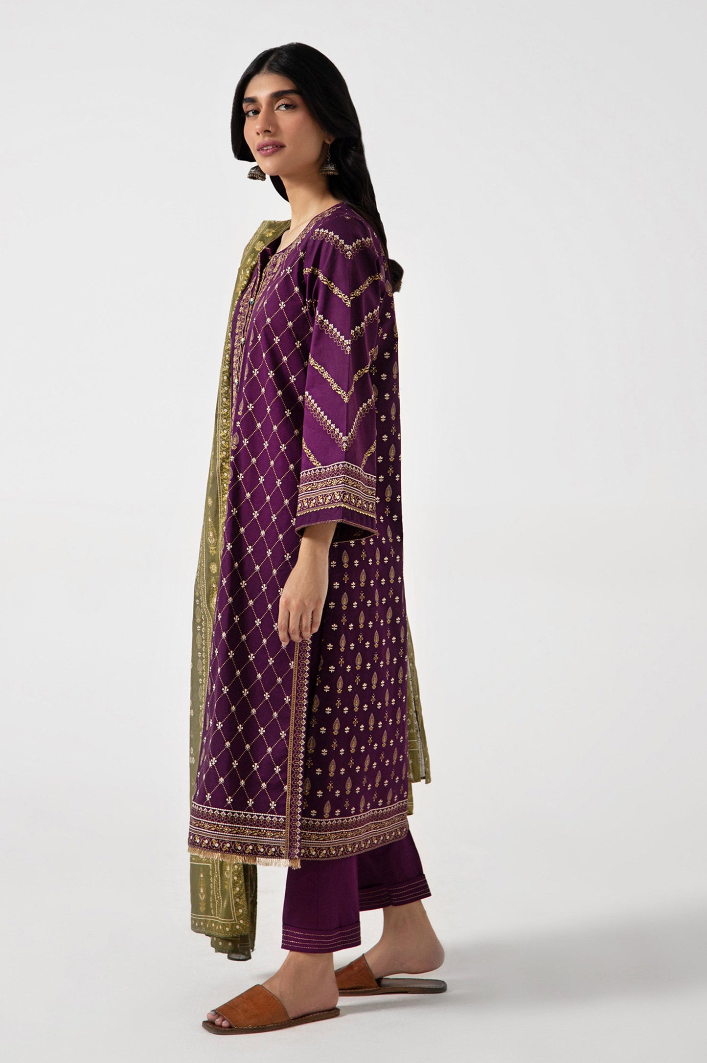 Stitched 3 Piece Gold & Colored Paste Lawn Suit