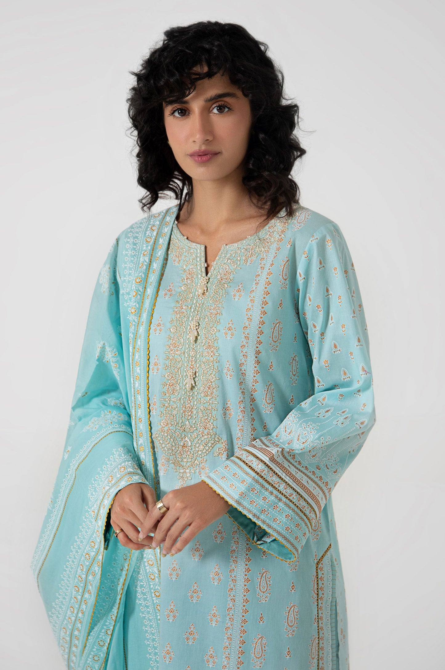 Stitched 3 Piece Gold & Colored Paste Lawn Suit